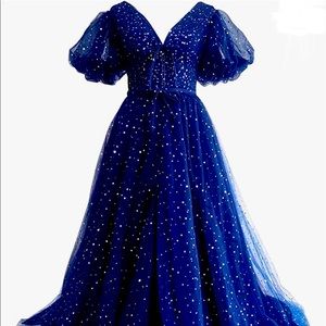 Blue Women’s Sparkly Tulle Puffy Sleeve Formal Gown